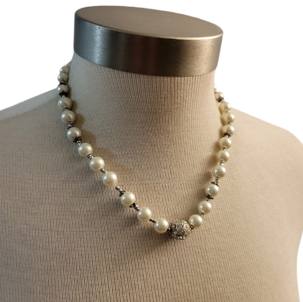 Hand Crafted Faux Ivory Pearl Necklace Silvertone
